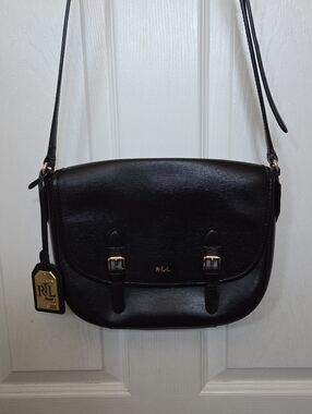 Lauren Ralph Lauren Tate Black Leather Crossbody Messenger Bag Gold Hardware